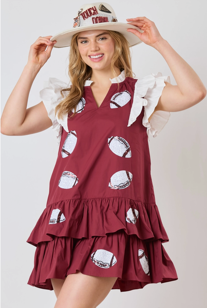 Football Sequins Embroidery Color Block Dress -Maroon