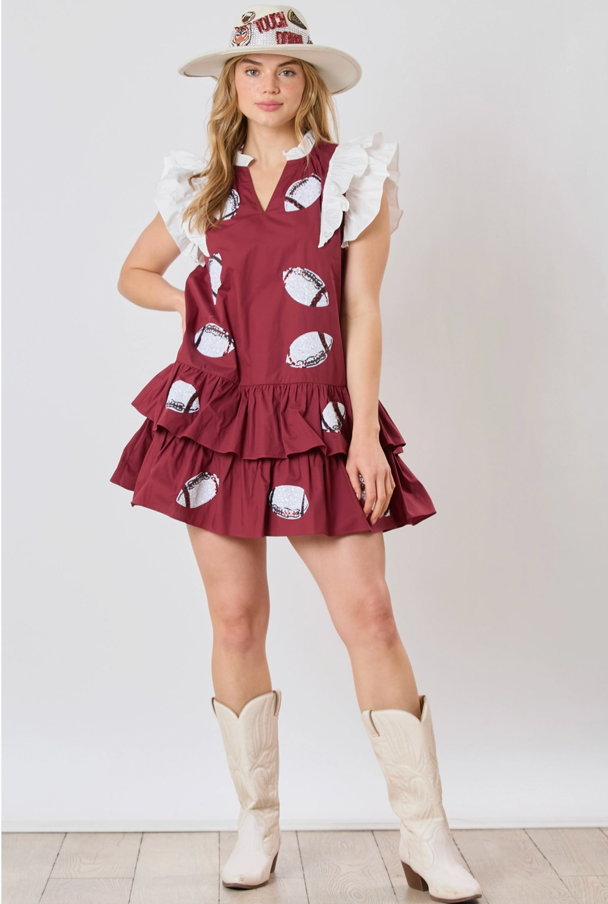 Football Sequins Embroidery Color Block Dress -Maroon