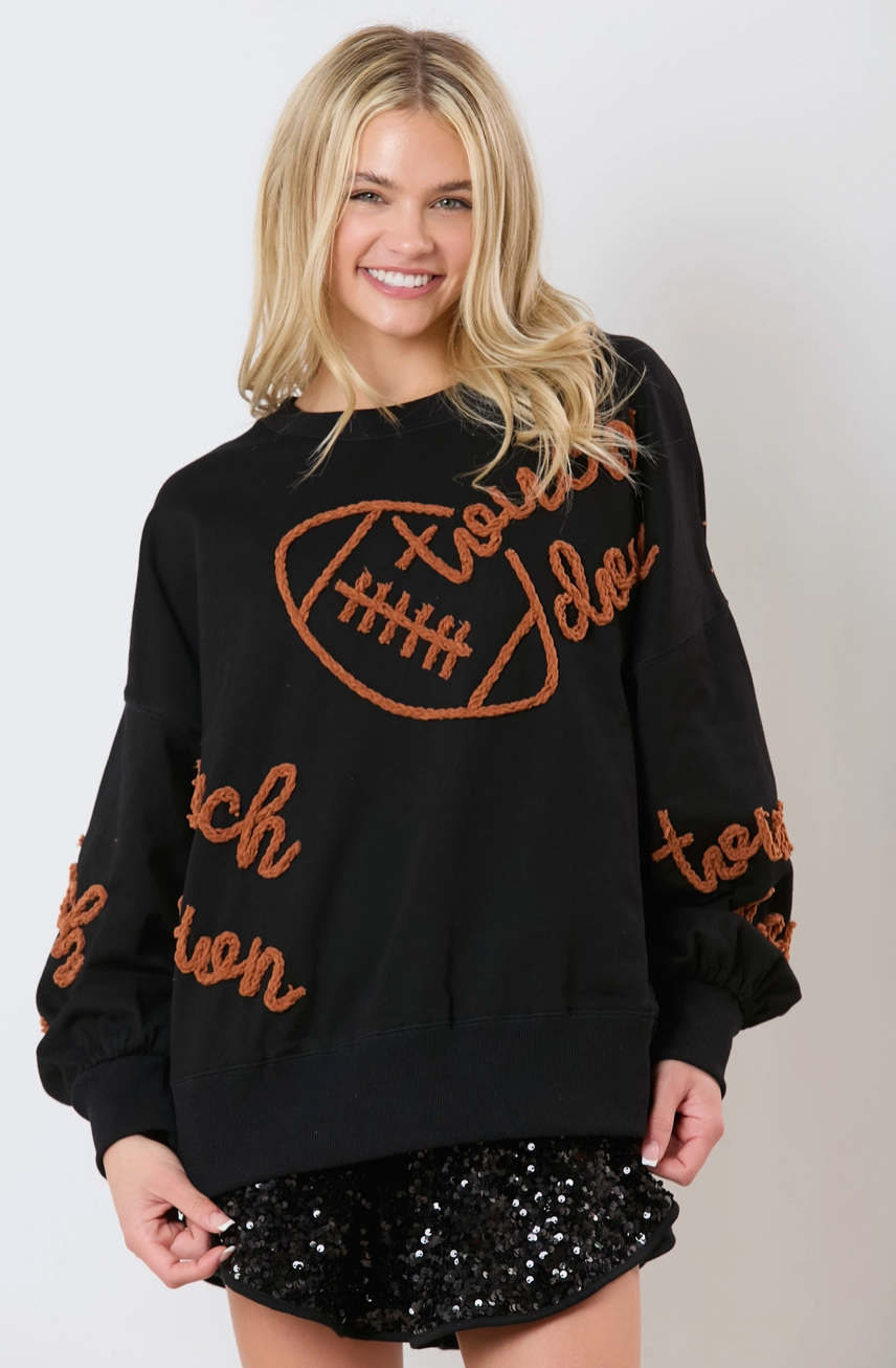 Touch Down&Football Thread Embroidery Sweatshirt - Black