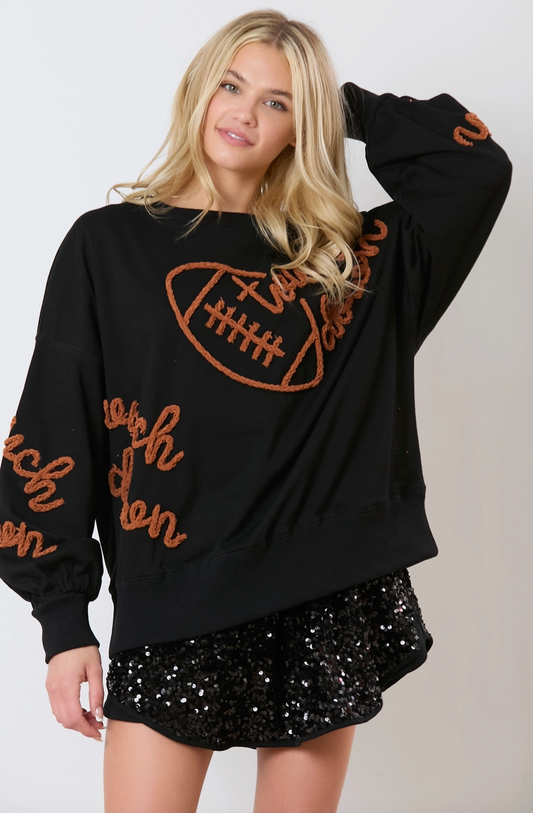 Touch Down & Football Thread Embroidery Sweatshirt - Black