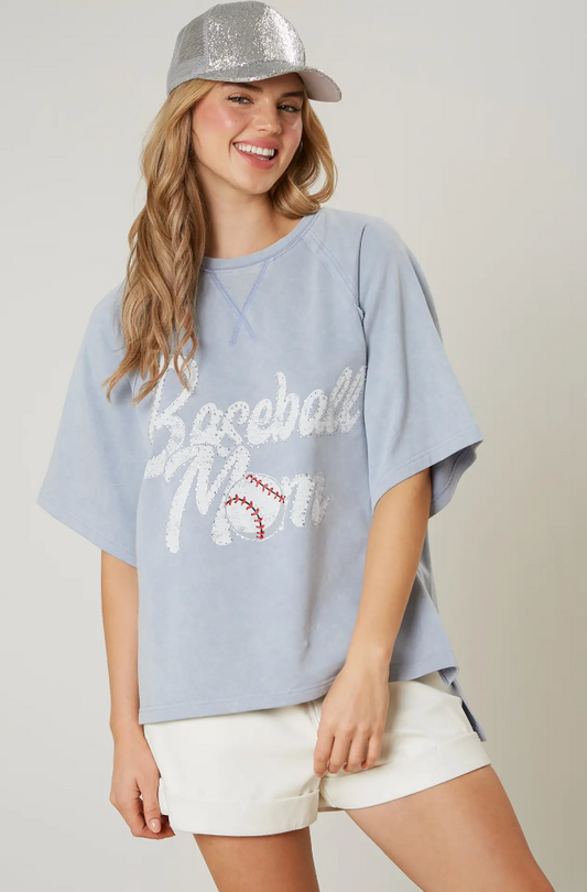 Baseball Mom Washed Tee - Blue