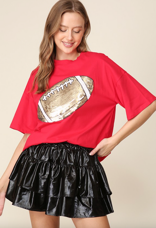 Game Day Large Football Sequin T-shirt - Red