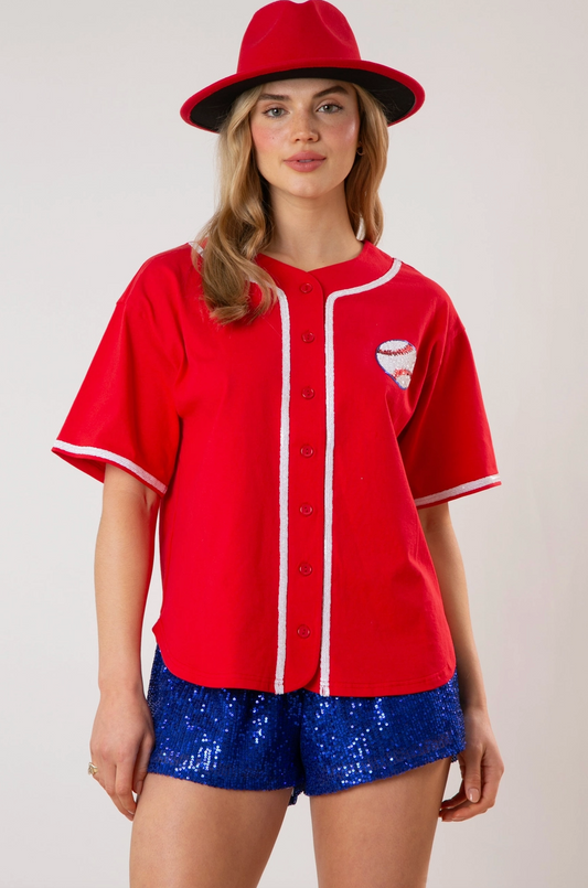 Baseball Sequins Embroidery Top - RED