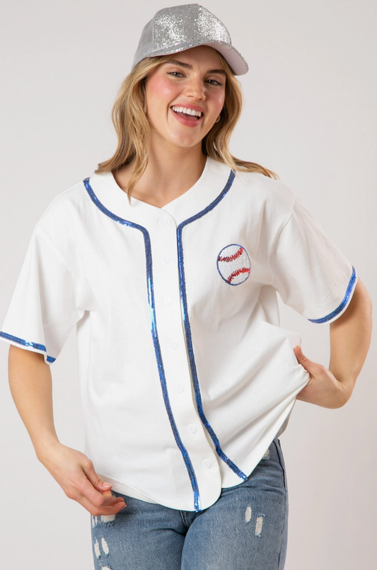 Baseball Sequins Embroidery Top - WHITE