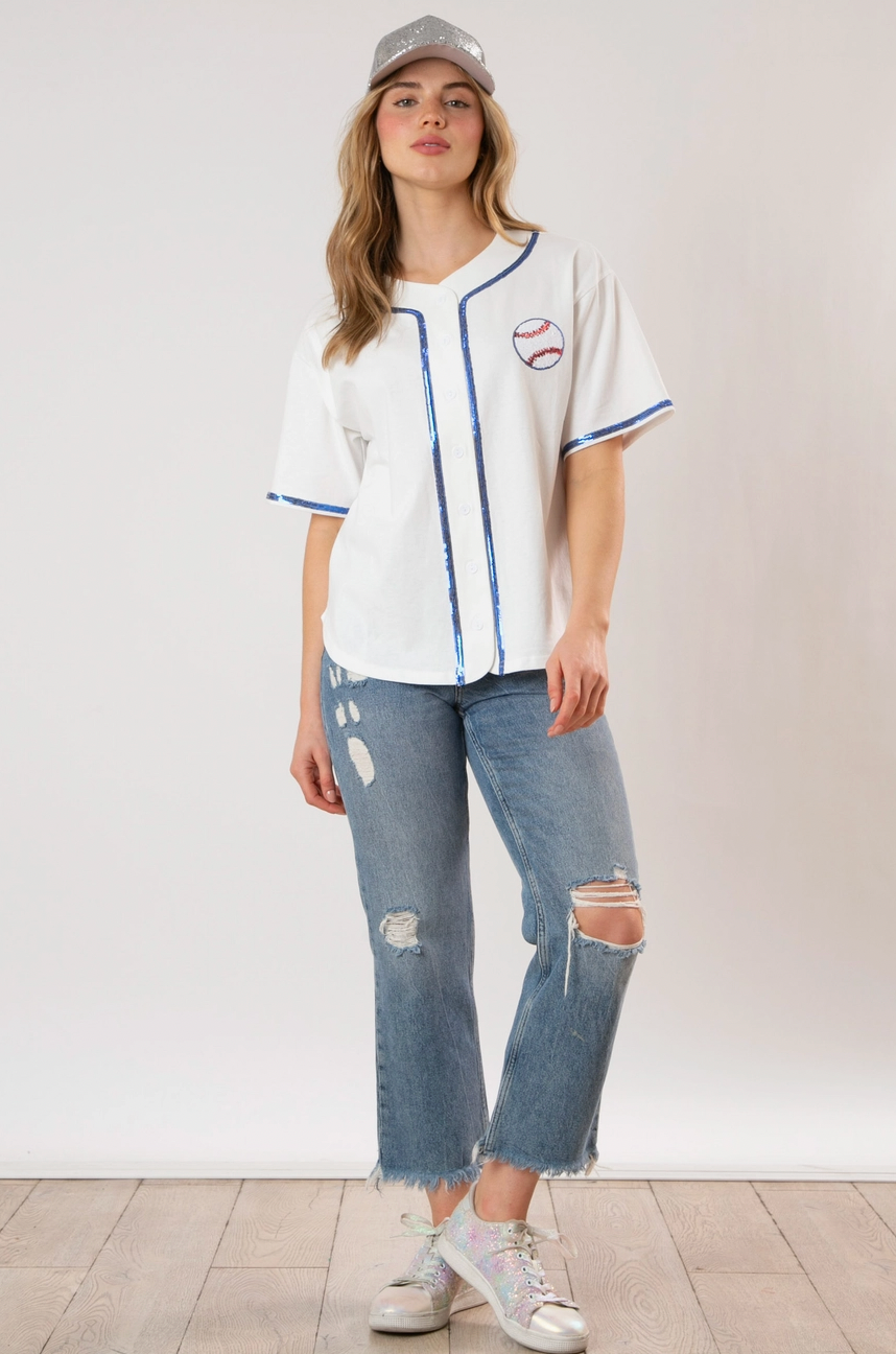 Baseball Sequins Embroidery Top - WHITE