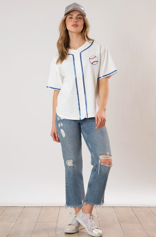 Baseball Sequins Embroidery Top - WHITE