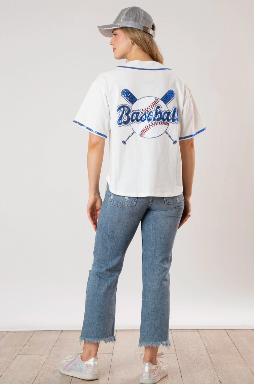 Baseball Sequins Embroidery Top - WHITE