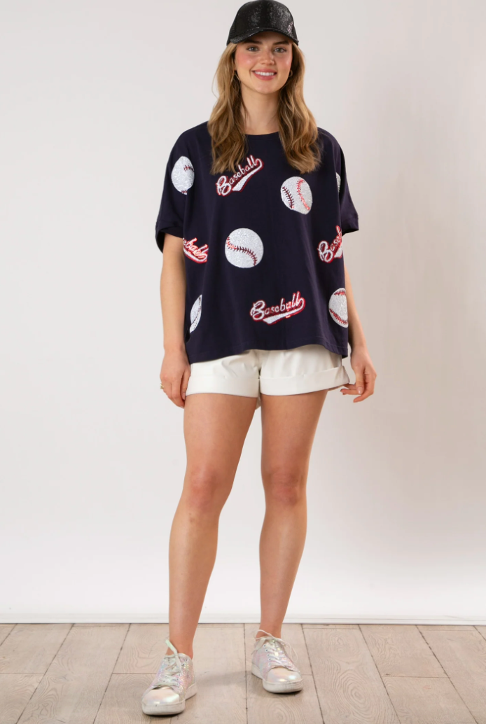 Sequin Baseball Oversized Top - NAVY