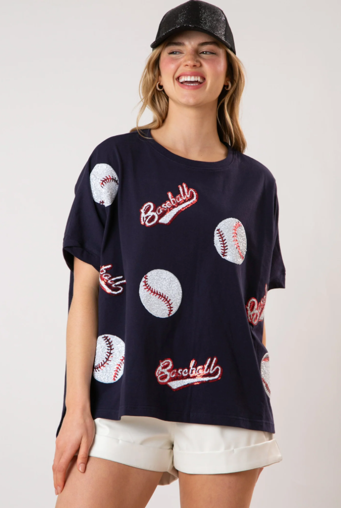 Sequin Baseball Oversized Top - NAVY