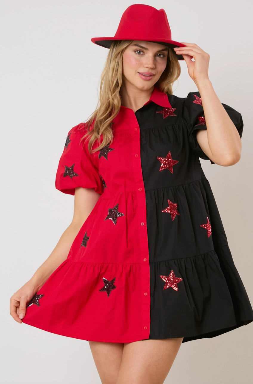 Star Sequins Embroidery Color Block Shirt Dress Black/Red