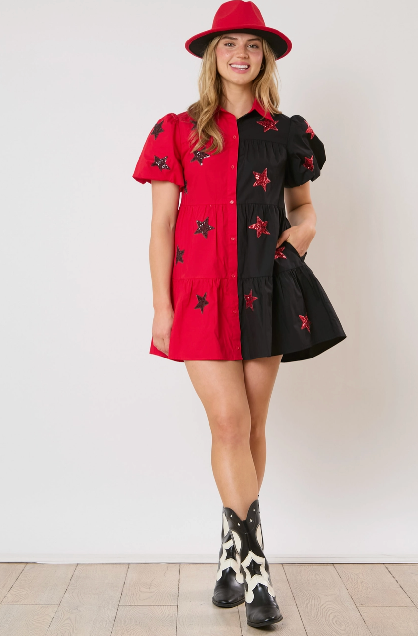 Star Sequins Embroidery Color Block Shirt Dress Black/Red