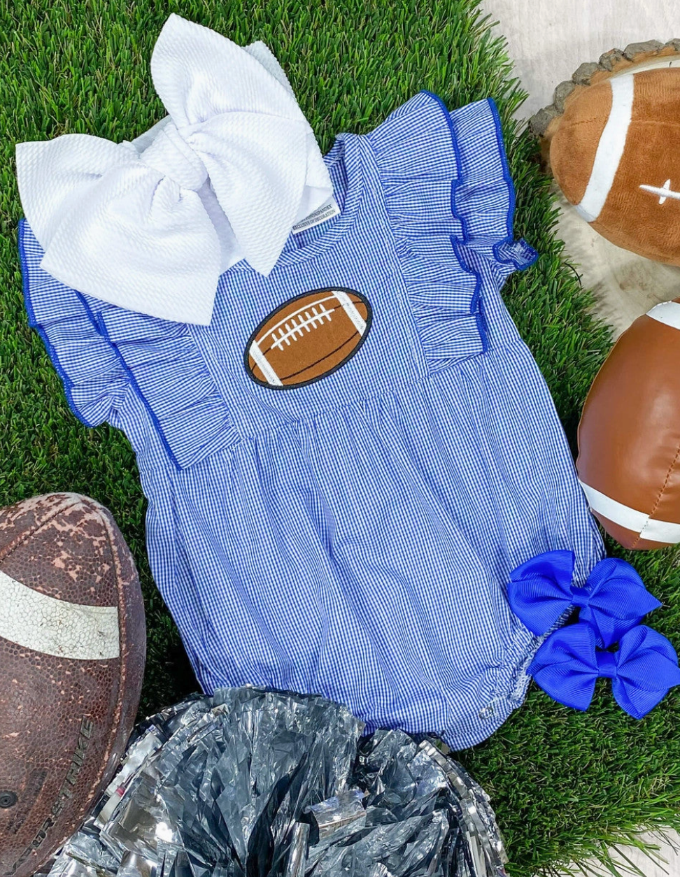 Royal Blue Classic Gingham Football Girls Onesie