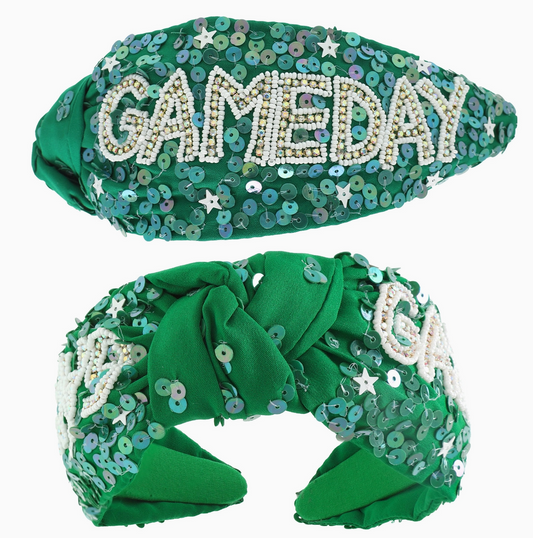 Game Day Top Knotted Jeweled Beaded Headband - Green