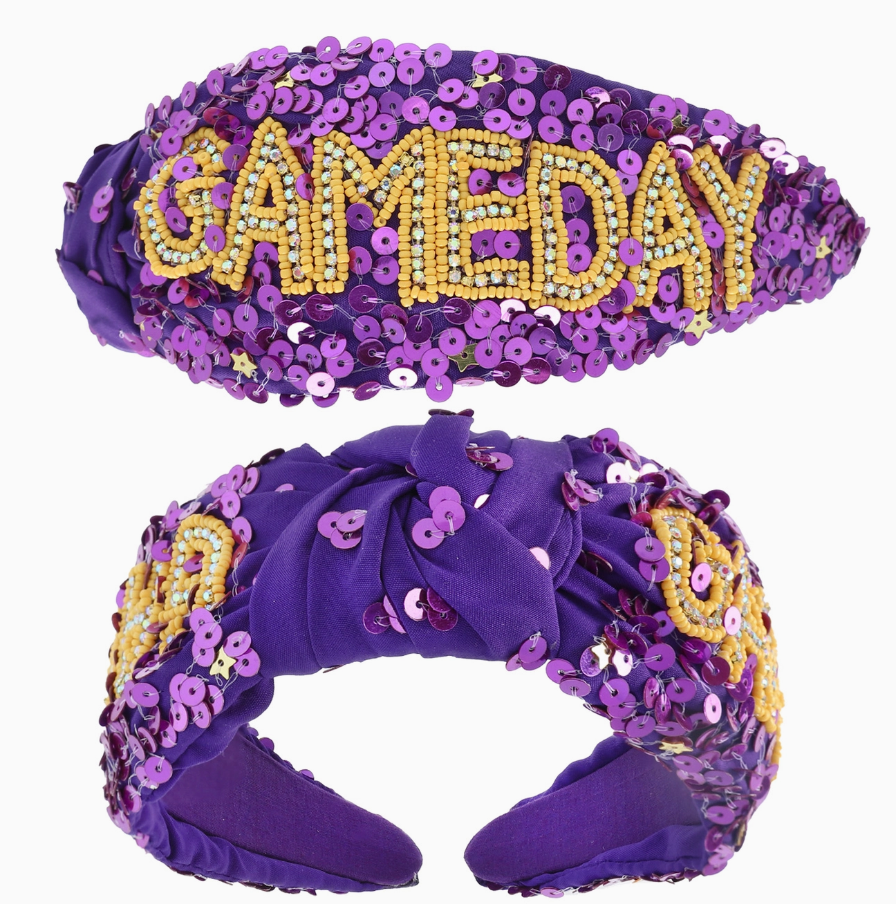 Game Day Top Knotted Jeweled Beaded Headband - Purple and Yellow