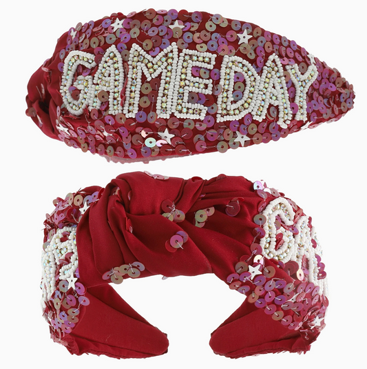 Game Day Top Knotted Jeweled Beaded Headband - Burgandy