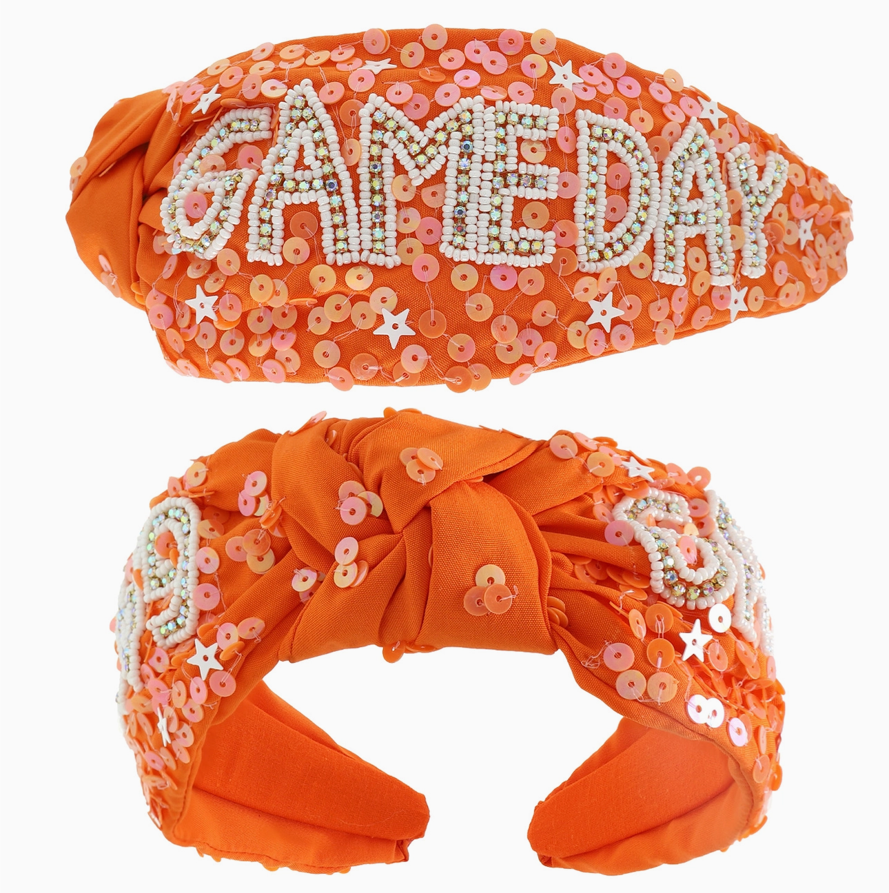 Game Day Top Knotted Jeweled Beaded Headband - Orange