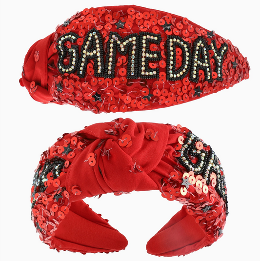 Game Day Top Knotted Jeweled Beaded Headband - Red and Black