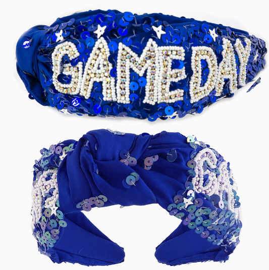 Game Day Top Knotted Jeweled Beaded Headband - Blue