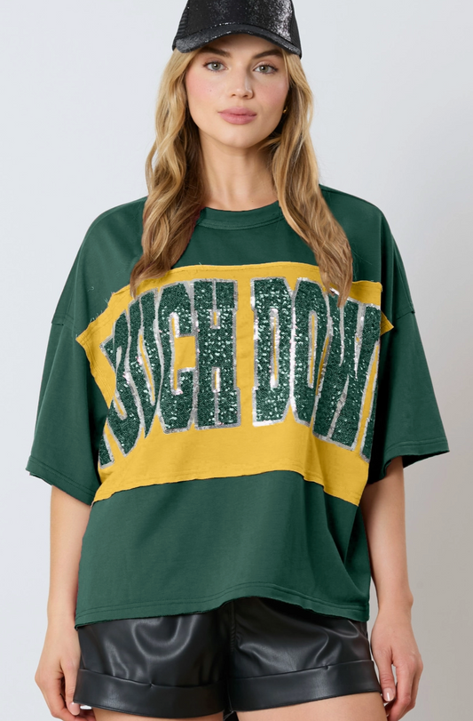 Touch Down Sequin Color Block Short Sleeve Top - Green and Gold