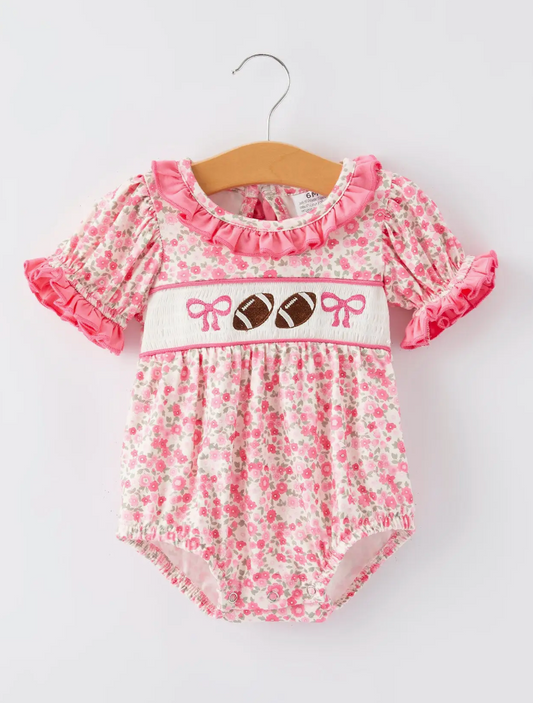 Football Smocking Bow Embroidered Girls Romper