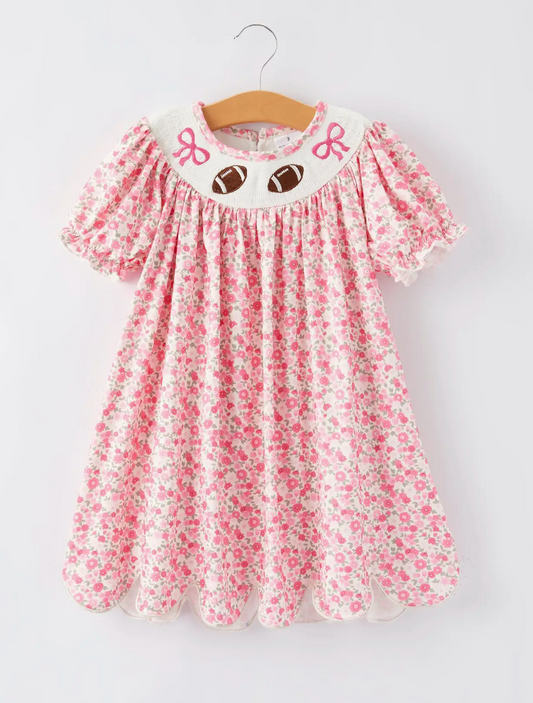 Football Smocking Bow Embroidered Girls Dress