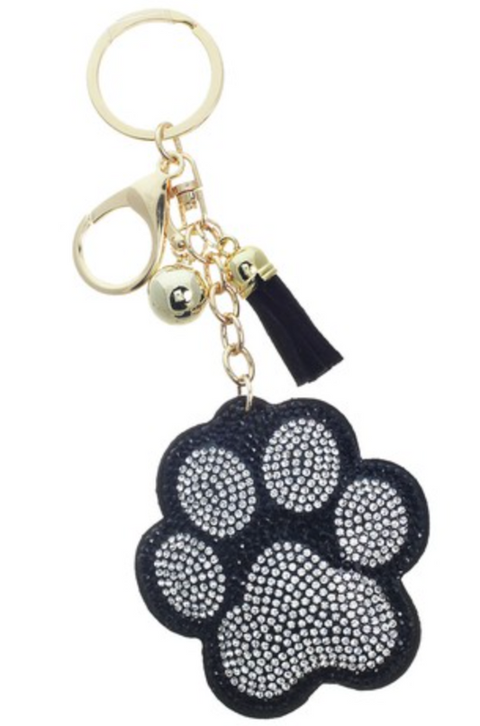 Black Crystal Paw Print Tassel Puff Keychain