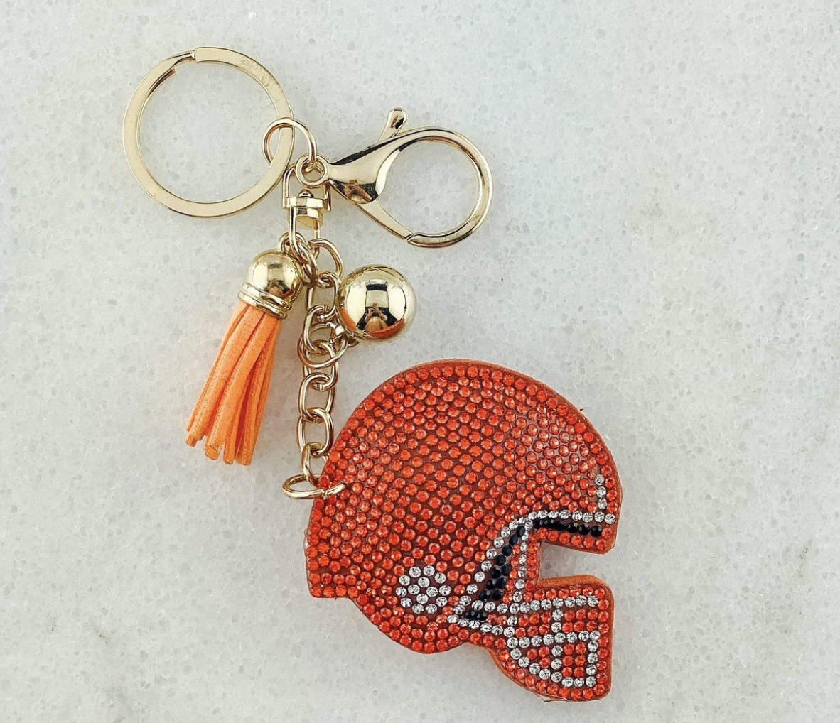 Orange Crystal Football Helmet Tassel Keychain