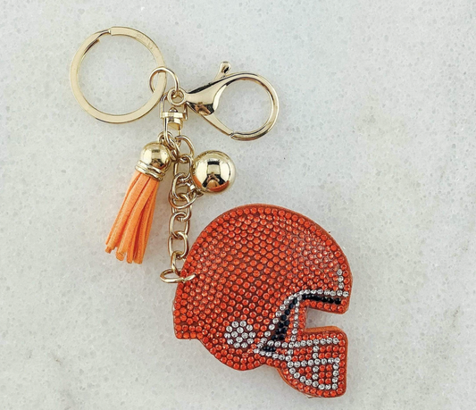 Orange Crystal Football Helmet Tassel Keychain