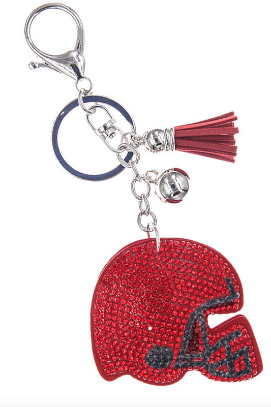 Red and Black Crystal Football Helmet Puffy Tassel Keychain