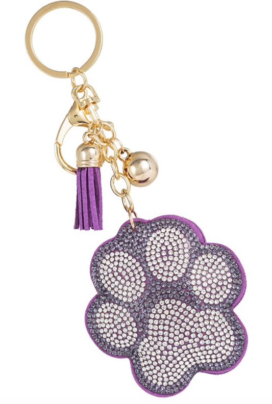 Purple Crystal Paw Print Tassel Puff Keychain