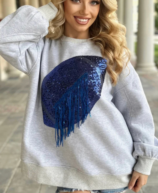 Gray/Blue Sequin Fringe Football Pullover