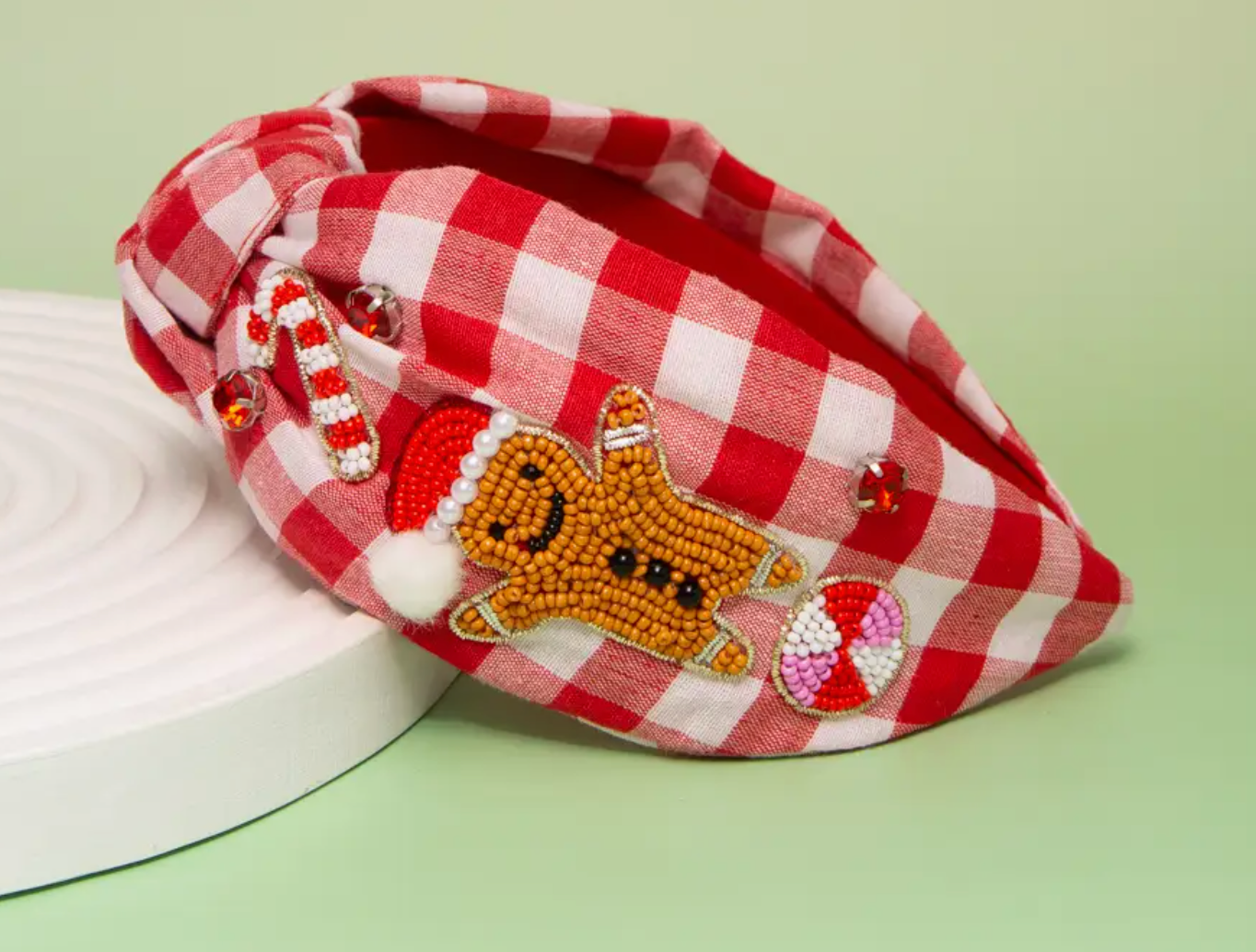 Christmas Gingerbread Man Seed Beaded Top Knotted Headband