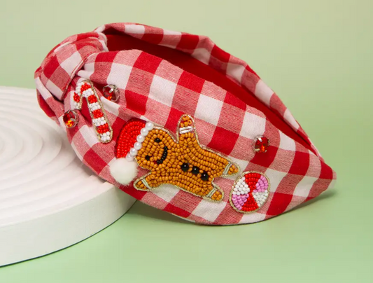 Christmas Gingerbread Man Seed Beaded Top Knotted Headband