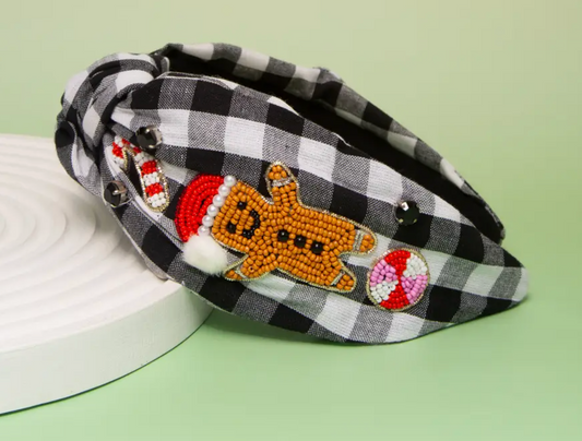 Christmas Gingerbread Man Seed Beaded Top Knotted Headband