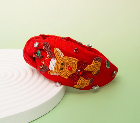 Christmas Red Nose Reindeer Beaded Headband - Red