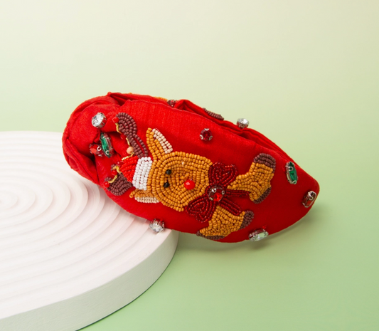 Christmas Red Nose Reindeer Beaded Headband - White