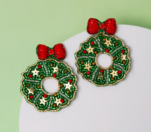Holiday Christmas Wreath Seed Beaded Earrings
