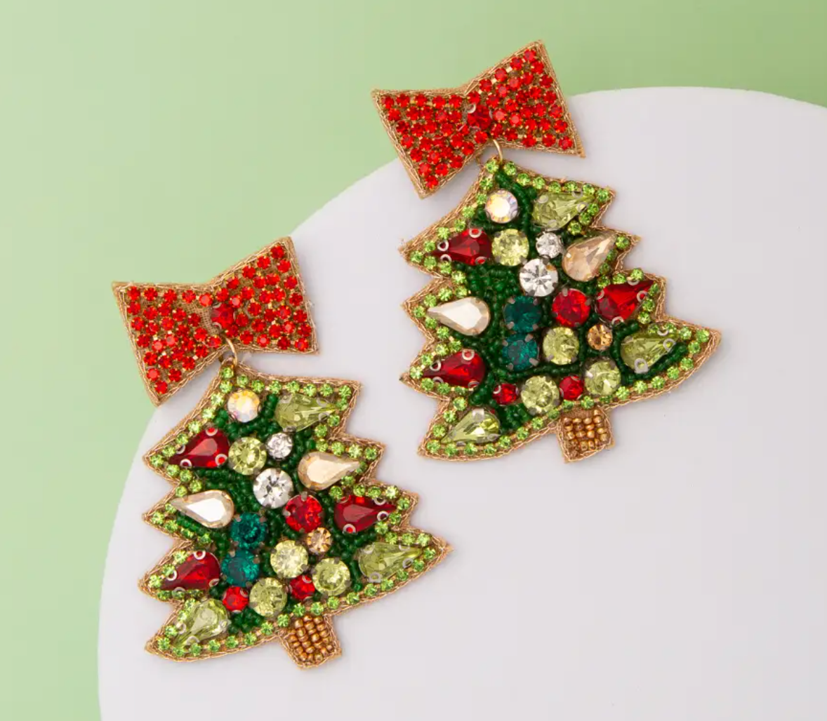 Jeweled Christmas Tree Beaded Embroidery Earrings