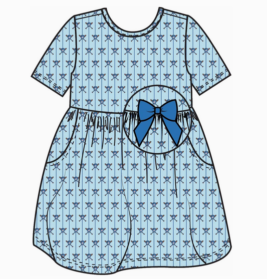 Girls Blue Batter Up Baseball Short Sleeve Knit Twirl Dress - PRE ORDER