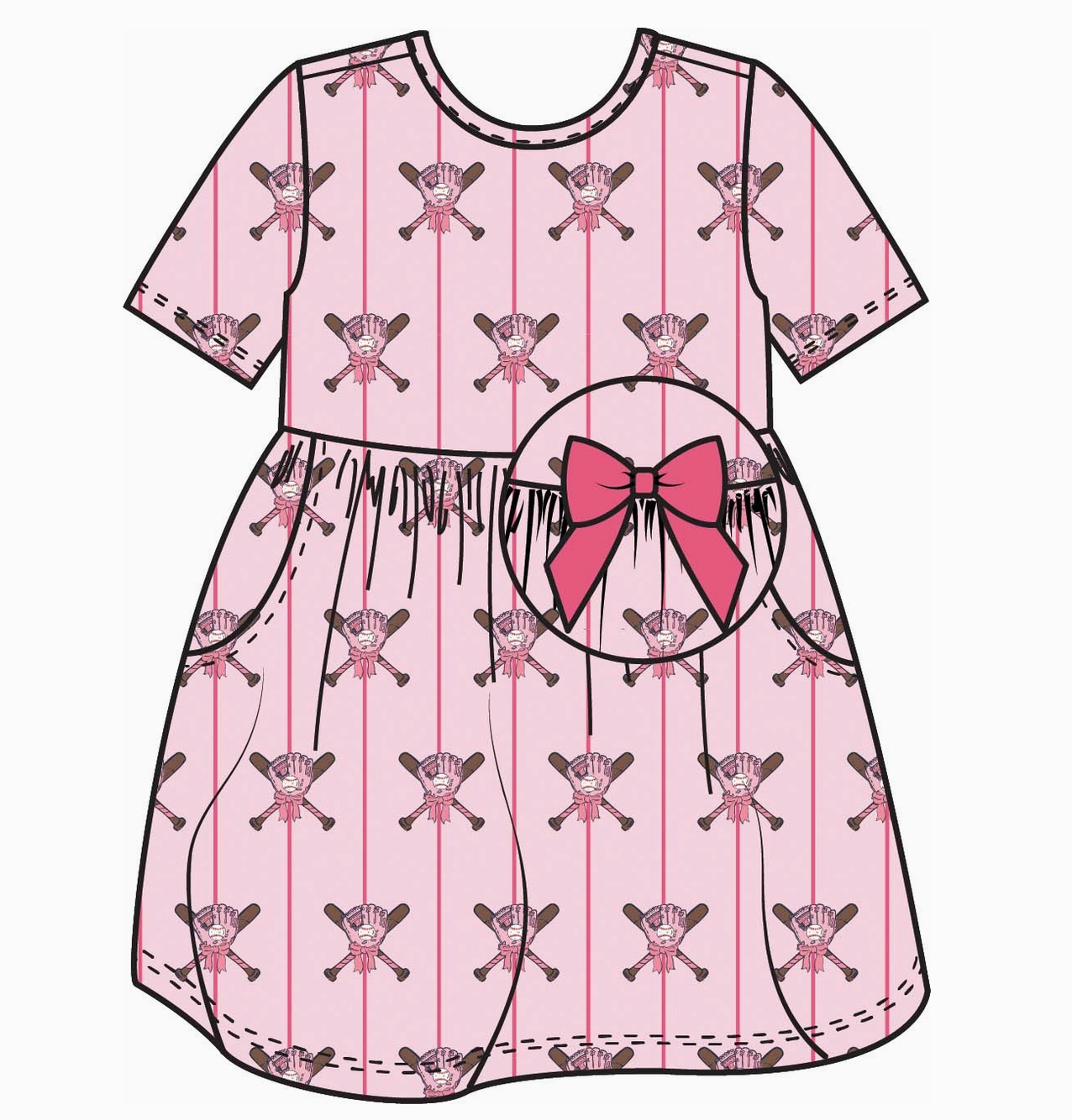 Girls Pink Batter Up Baseball Short Sleeve Knit Twirl Dress- PRE ORDER