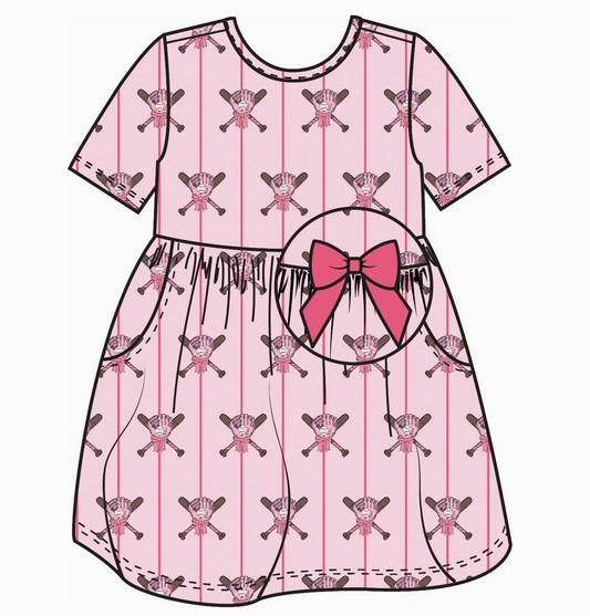 Girls Pink Batter Up Baseball Short Sleeve Knit Twirl Dress- PRE ORDER