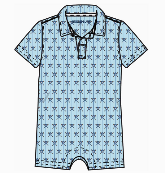 Baby Boys Blue Batter Up Baseball Performance Polo Romper- PRE ORDER