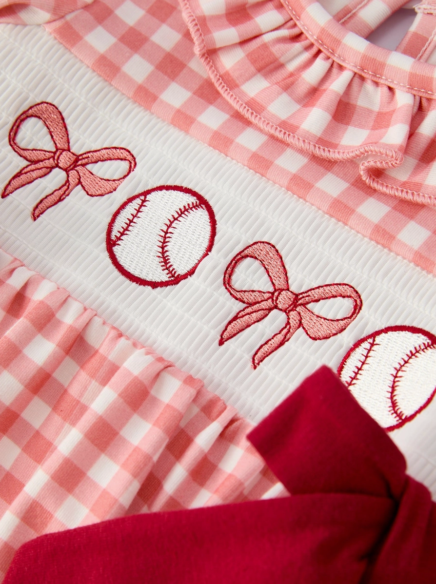 Girls Baseball Bow Smocking Embroidery Plaid Romper - PRE ORDER