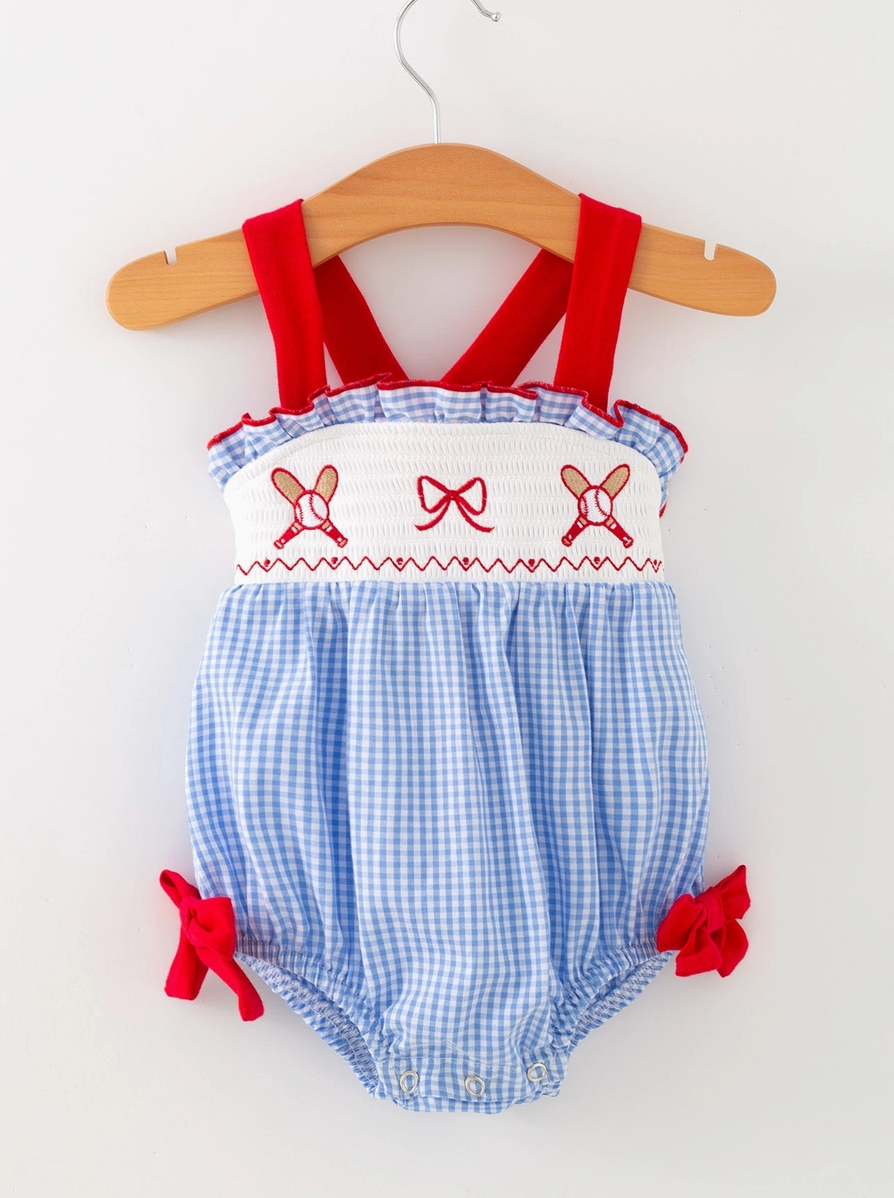 Baby Girls Baseball Smocked Romper – Blue Plaid Summer Outfit - PRE ORDER
