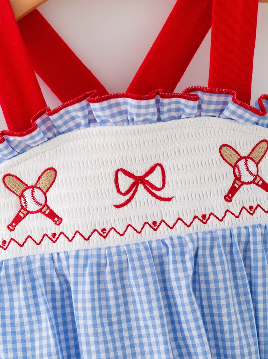 Baby Girls Baseball Smocked Romper – Blue Plaid Summer Outfit - PRE ORDER