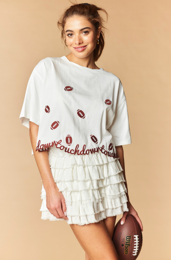 Touchdown Football Embroidery Cropped Tee - White