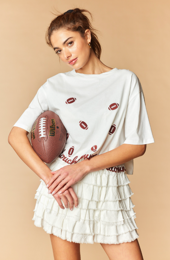 Touchdown Football Embroidery Cropped Tee - White