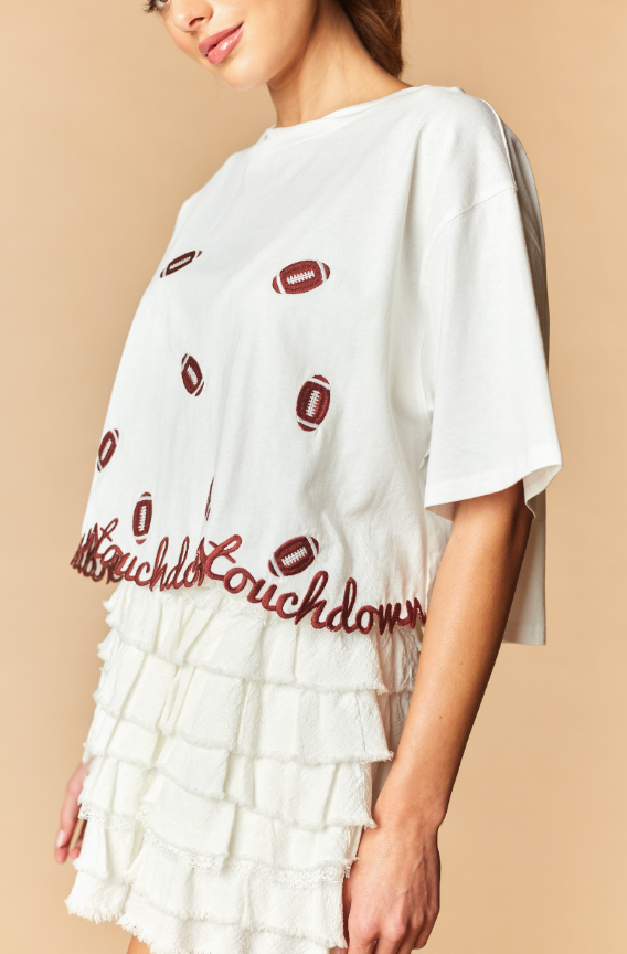 Touchdown Football Embroidery Cropped Tee - White