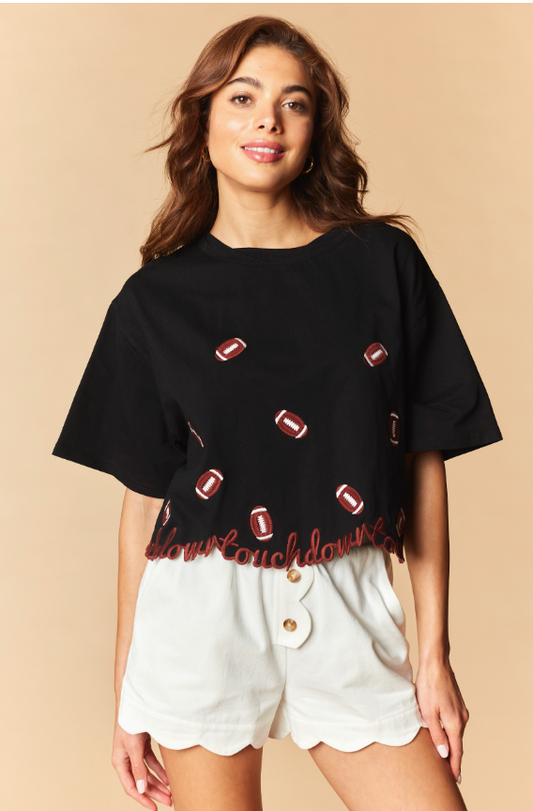Touchdown Football Embroidery Cropped Tee - Black