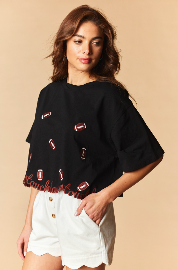 Touchdown Football Embroidery Cropped Tee - Black
